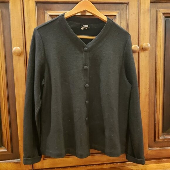 Like NEW Eileen Fisher Black 100% Wool Button Front V-neck Cardigan Medium - Picture 1 of 8
